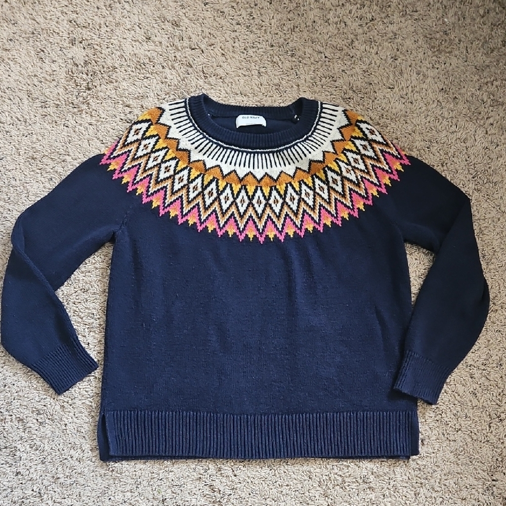 Old Navy Nordic Sweater Navy Blue Fair Isle Long Sleeves Knit - Size Large